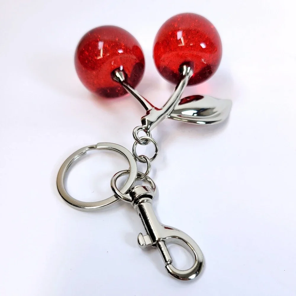 Bag Charm- Keychain Glitter Resin Double Cherry Red Women Rockabilly Kawaii Fun